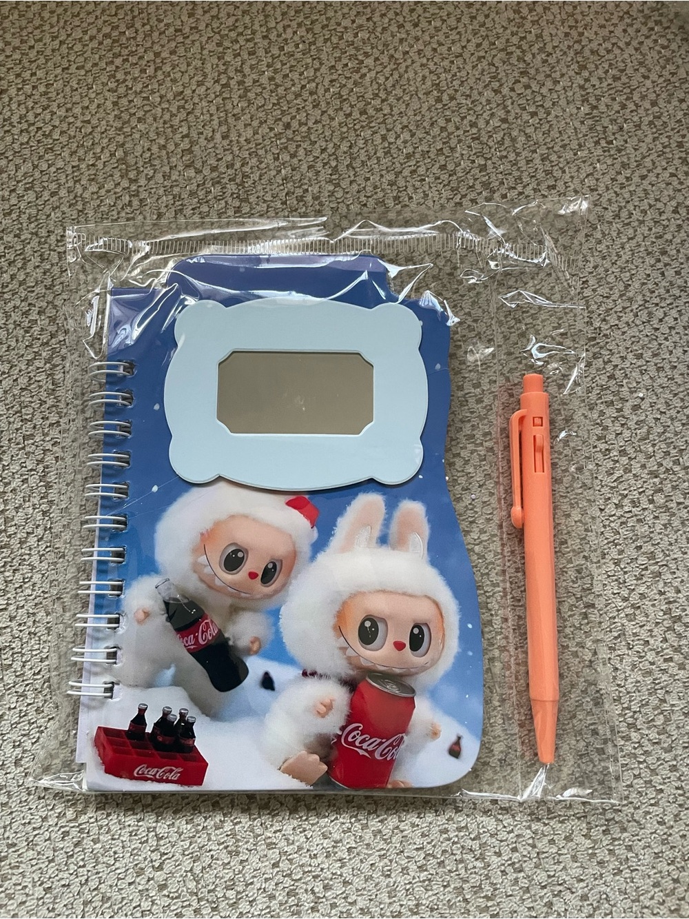Blue Spiral-Bound Cute Character Notebook with Mirror and Orange Pen